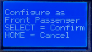MASTERCELL NGX inSIGHT display showing configuration confirmation screen for Passenger Front with SELECT to Confirm and HOME to Cancel options