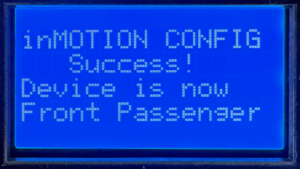 MASTERCELL NGX inSIGHT display showing inMOTION CONFIG Success screen with Device is now Passenger Front confirmation