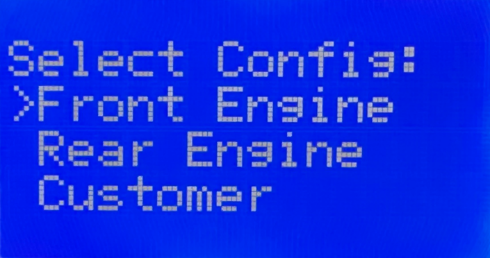 MASTERCELL NGX screen displaying Select Config menu with Front Engine Rear Engine and Customer options for the IPM1 Kit