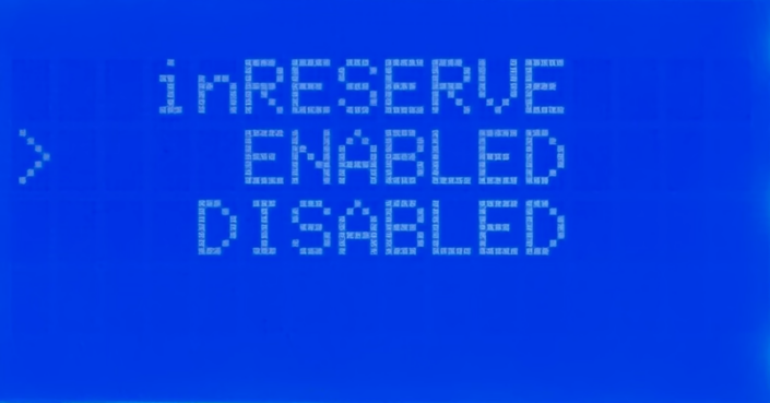 MASTERCELL NGX inSIGHT display showing the inRESERVE screen with ENABLED and DISABLED options and the cursor on ENABLED