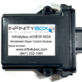 The Infinitybox inVIEW Wiper Control Module is a CAN-controlled relay module designed to drive a traditional two-speed automotive windshield wiper motor with a dynamic park terminal. The module provides four relay outputs that control the low-speed, high-speed, park, and washer-pump circuits, and four switch inputs that allow direct wiring of an OEM wiper switch. The module accepts commands from either CAN bus messages or from the discrete switch inputs, applies the wiper-control logic internally, and operates the four relays accordingly. All operation modes — continuous low speed, continuous high speed, intermittent wipe, and washer — are managed by the module's firmware. The intermittent timing is configurable from CAN or from a value stored in non-volatile memory.