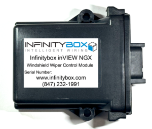 The Infinitybox inVIEW Wiper Control Module is a CAN-controlled relay module designed to drive a traditional two-speed automotive windshield wiper motor with a dynamic park terminal. The module provides four relay outputs that control the low-speed, high-speed, park, and washer-pump circuits, and four switch inputs that allow direct wiring of an OEM wiper switch. The module accepts commands from either CAN bus messages or from the discrete switch inputs, applies the wiper-control logic internally, and operates the four relays accordingly. All operation modes — continuous low speed, continuous high speed, intermittent wipe, and washer — are managed by the module's firmware. The intermittent timing is configurable from CAN or from a value stored in non-volatile memory.