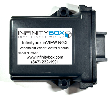 The Infinitybox inVIEW Wiper Control Module is a CAN-controlled relay module designed to drive a traditional two-speed automotive windshield wiper motor with a dynamic park terminal. The module provides four relay outputs that control the low-speed, high-speed, park, and washer-pump circuits, and four switch inputs that allow direct wiring of an OEM wiper switch. The module accepts commands from either CAN bus messages or from the discrete switch inputs, applies the wiper-control logic internally, and operates the four relays accordingly. All operation modes — continuous low speed, continuous high speed, intermittent wipe, and washer — are managed by the module's firmware. The intermittent timing is configurable from CAN or from a value stored in non-volatile memory.