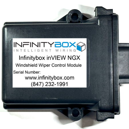 The Infinitybox inVIEW Wiper Control Module is a CAN-controlled relay module designed to drive a traditional two-speed automotive windshield wiper motor with a dynamic park terminal. The module provides four relay outputs that control the low-speed, high-speed, park, and washer-pump circuits, and four switch inputs that allow direct wiring of an OEM wiper switch. The module accepts commands from either CAN bus messages or from the discrete switch inputs, applies the wiper-control logic internally, and operates the four relays accordingly. All operation modes — continuous low speed, continuous high speed, intermittent wipe, and washer — are managed by the module's firmware. The intermittent timing is configurable from CAN or from a value stored in non-volatile memory.