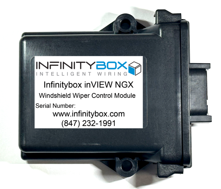 The Infinitybox inVIEW Wiper Control Module is a CAN-controlled relay module designed to drive a traditional two-speed automotive windshield wiper motor with a dynamic park terminal. The module provides four relay outputs that control the low-speed, high-speed, park, and washer-pump circuits, and four switch inputs that allow direct wiring of an OEM wiper switch. The module accepts commands from either CAN bus messages or from the discrete switch inputs, applies the wiper-control logic internally, and operates the four relays accordingly. All operation modes — continuous low speed, continuous high speed, intermittent wipe, and washer — are managed by the module's firmware. The intermittent timing is configurable from CAN or from a value stored in non-volatile memory.