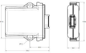 Dimensional drawing of Infinitybox inVIEW Wiper Control Module 852-799 showing outline dimensions of 135 x 119 x 36 mm
