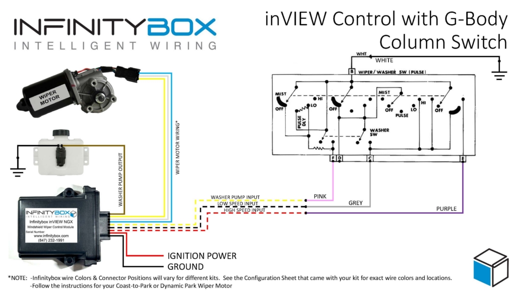 Infinitybox inVIEW- G-Body Stalk Control Wiring diagram showing the 1983–1987 GM G-Body steering column wiper switch connected to a standalone inVIEW Wiper Control Module, with factory switch wire colors mapped to inVIEW inputs plus ground, ignition power, washer pump, and a generic wiper motor connection.
