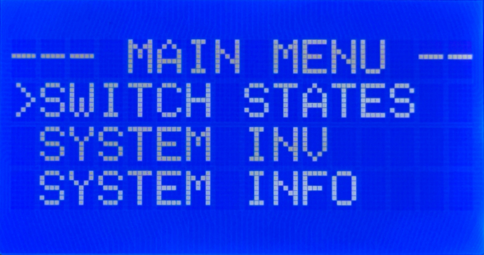 MASTERCELL NGX inSIGHT main menu showing the Switch States, System Inv, and System Info options.