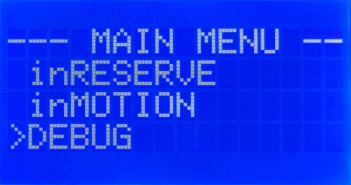 MASTERCELL NGX inSIGHT main menu scrolled to show the inRESERVE, inMOTION, and DEBUG options.