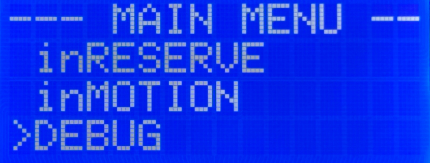 MASTERCELL NGX inSIGHT main menu scrolled to show the inRESERVE, inMOTION, and DEBUG options.