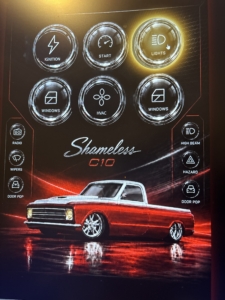 Custom touchscreen interface for the IPM1 Kit showing controls for windows, ignition, starter, and lighting