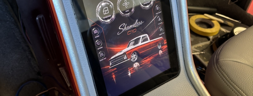 Greenworks 10.1" touchscreen mounted in a truck center console, connected to an Infinitybox IPM1 Kit