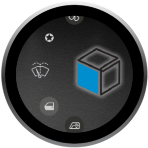 Infinitybox inCONTROL round display showing function icons arranged in an arc on the left with the wiper icon highlighted, and the Infinitybox cube logo on the right.