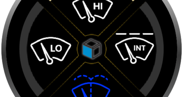 Infinitybox inCONTROL wiper control screen with HI, INT, WASH and LO functions arranged as four pie sections at the 12:00, 3:00, 6:00 and 9:00 positions, each with a yellow arc indicating whether that function is on or off.