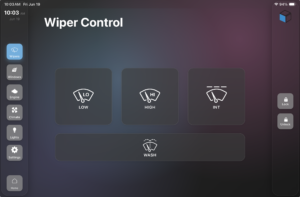 inTOUCH Wiper Control screen on an inLINK NGX system displayed on an iPad, showing Low, High and INT buttons in a row with a wide Wash button below, and navigation buttons along the left for other vehicle functions.
