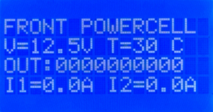 MASTERCELL NGX inSIGHT screen polling the Front POWERCELL showing voltage, temperature, output states and current for outputs 1 and 2