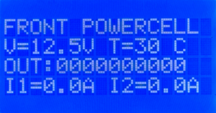 MASTERCELL NGX inSIGHT screen polling the Front POWERCELL showing voltage, temperature, output states and current for outputs 1 and 2
