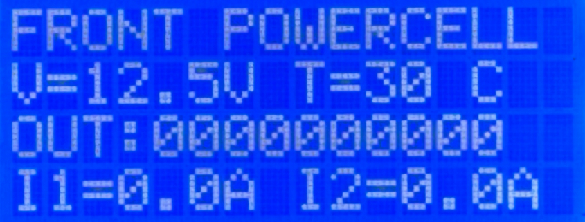 MASTERCELL NGX inSIGHT screen polling the Front POWERCELL showing voltage, temperature, output states and current for outputs 1 and 2